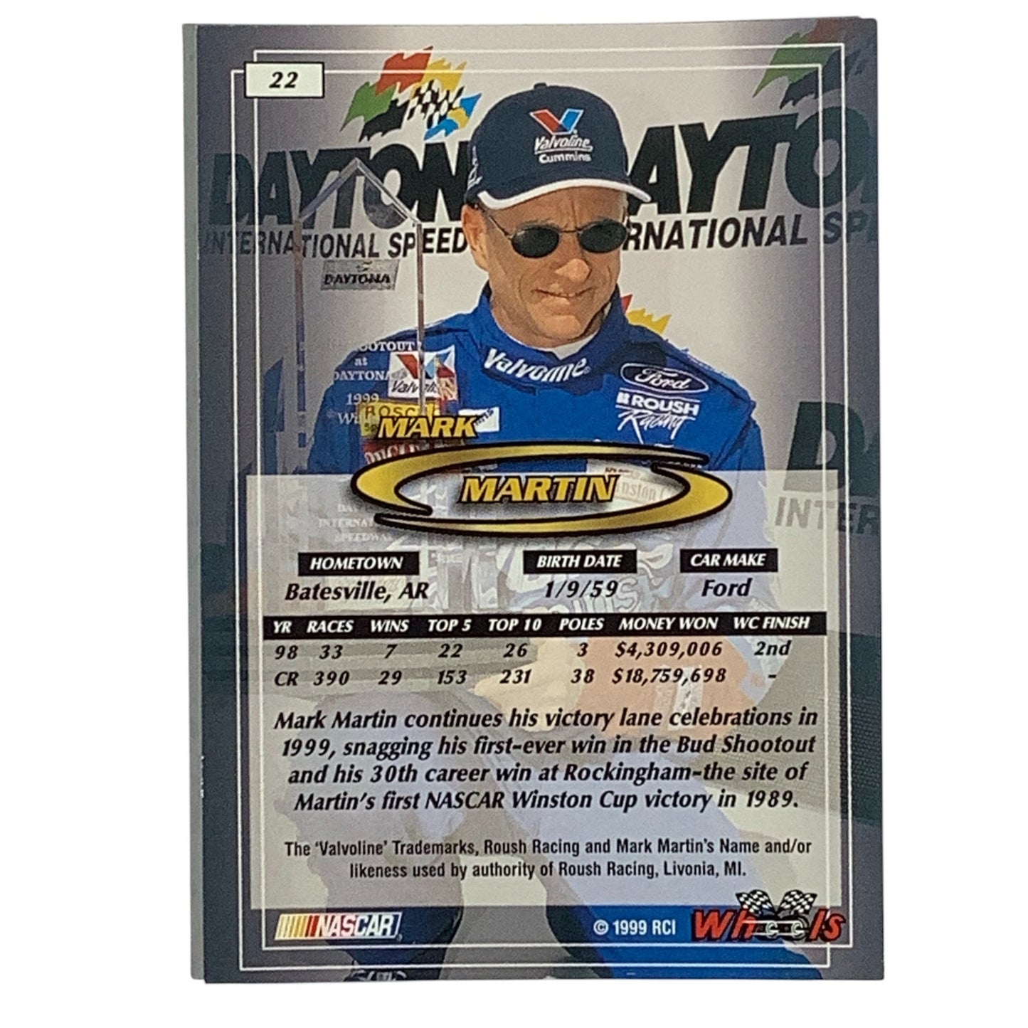 Mark Martin, Sponsor: Valvoline, Card 22, 1999 Wheels NASCAR Winston Cup, NM+