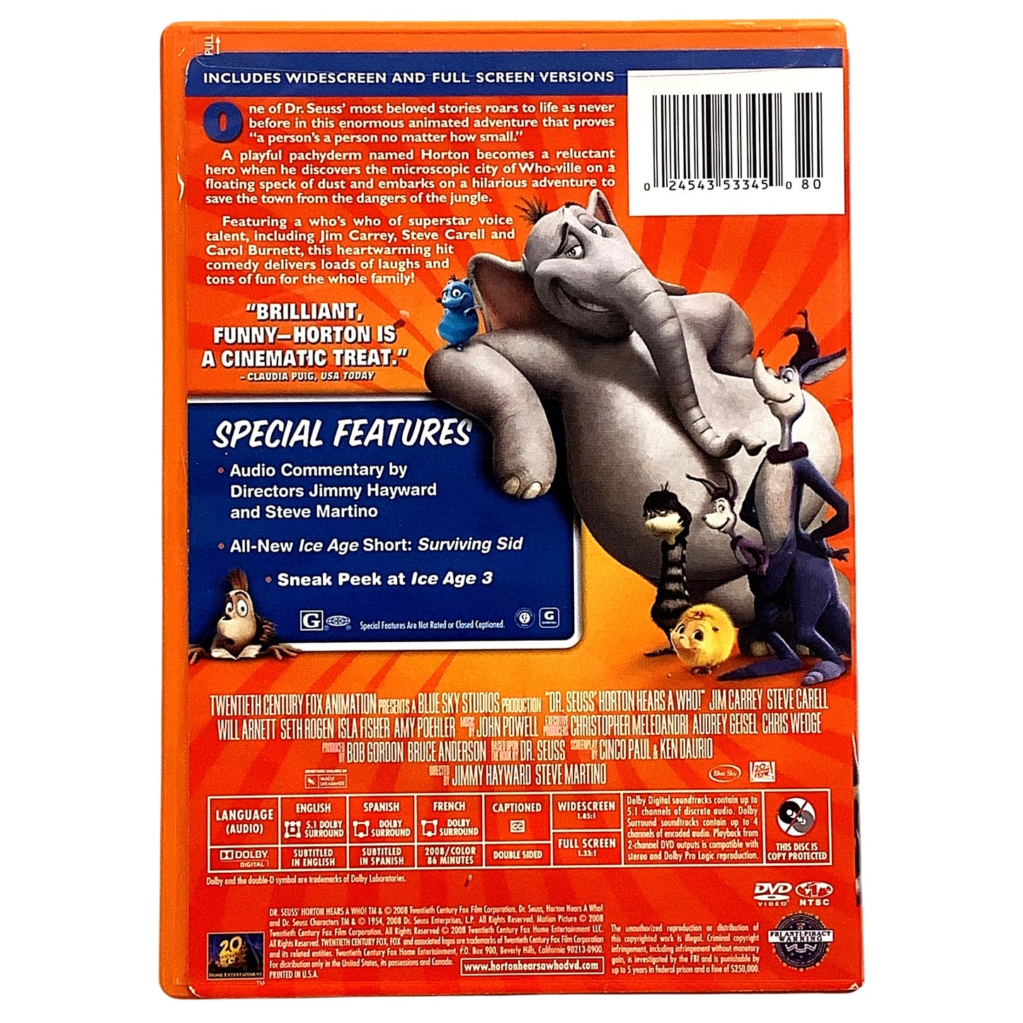 Dr. Seuss' Horton Hears a Who (DVD 2008) Kids Animation, Jim Carrey Voiceover