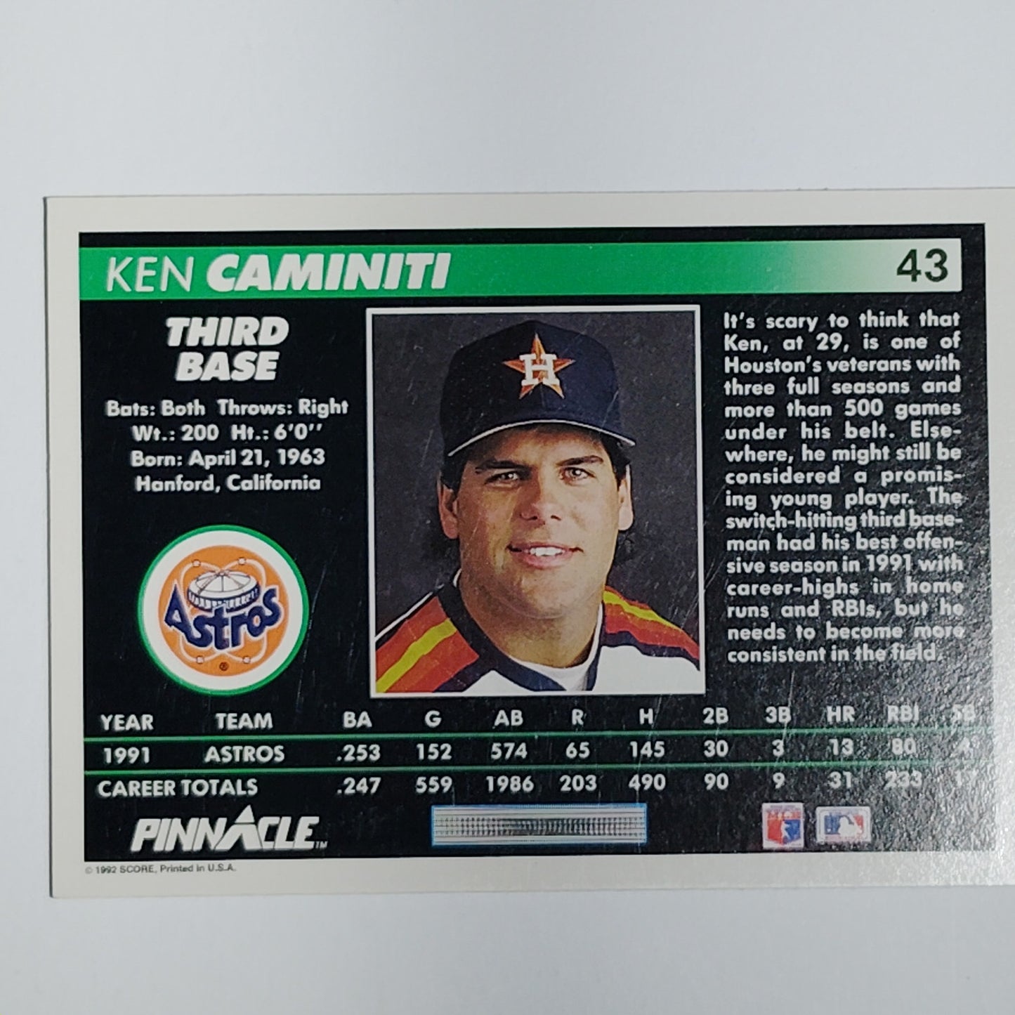 1992 Pinnacle Ken Caminiti Card #43 Houston Astros 3B VG/EX