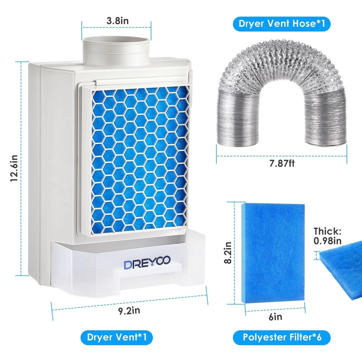 Dreyoo Indoor Dryer Vent Kit Blue - 3-in-1 System w/ Hose & Filters - MPN Dreyoo-Vent Kit-0894