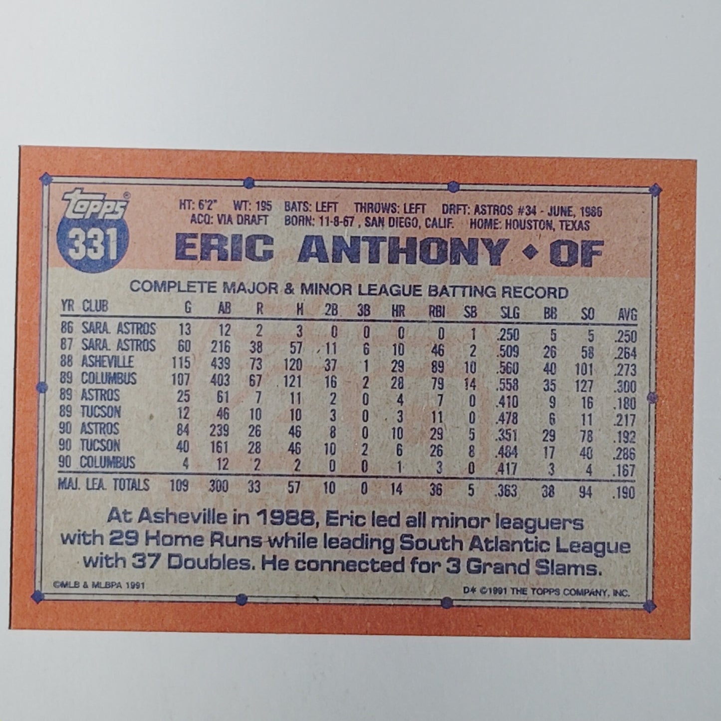 1991 Topps Eric Anthony #331 Astros OF Power Hitter Slugger Houston VG/EX