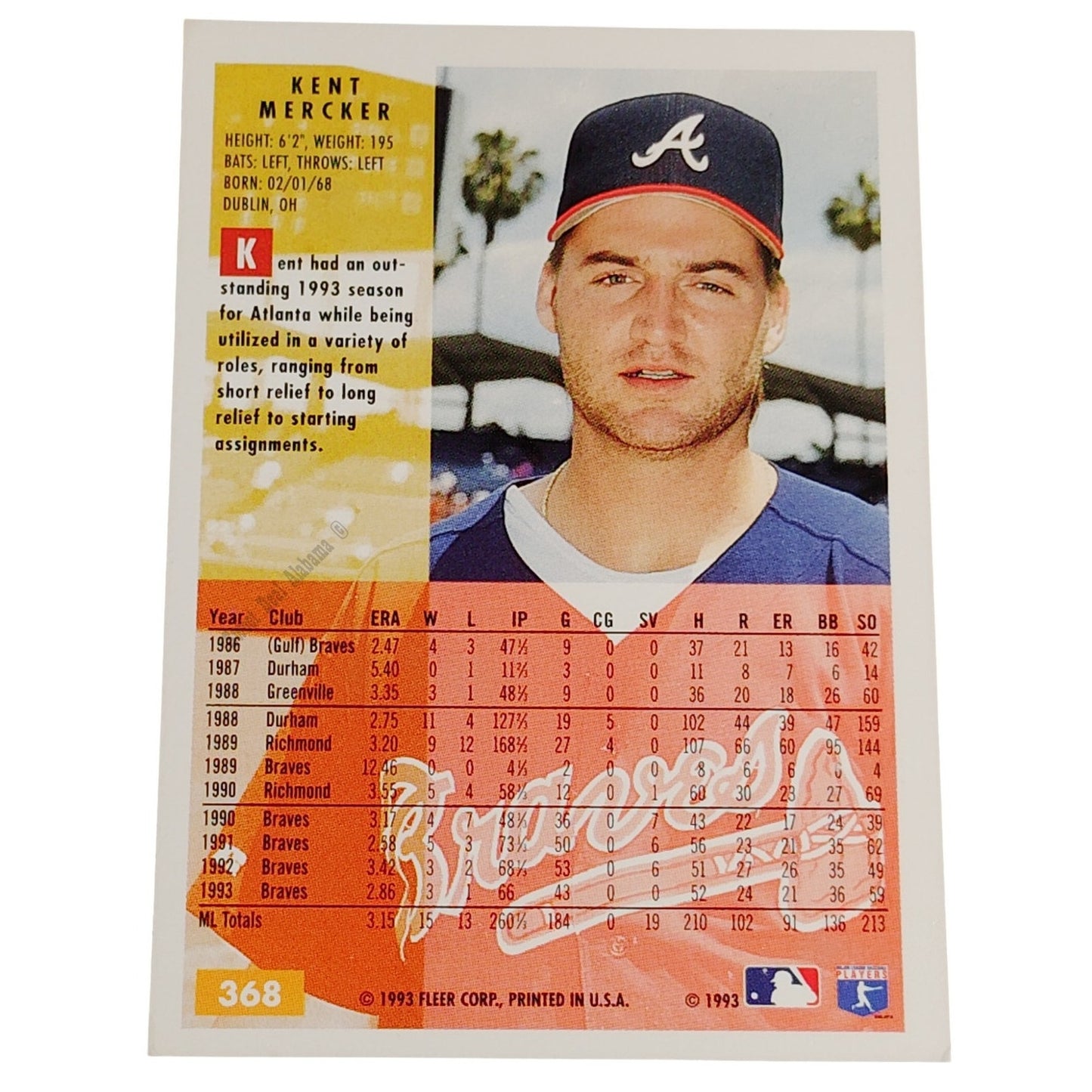 Kent Mercker, Atlanta Braves, #368, 1994 Fleer Baseball Collector's Card