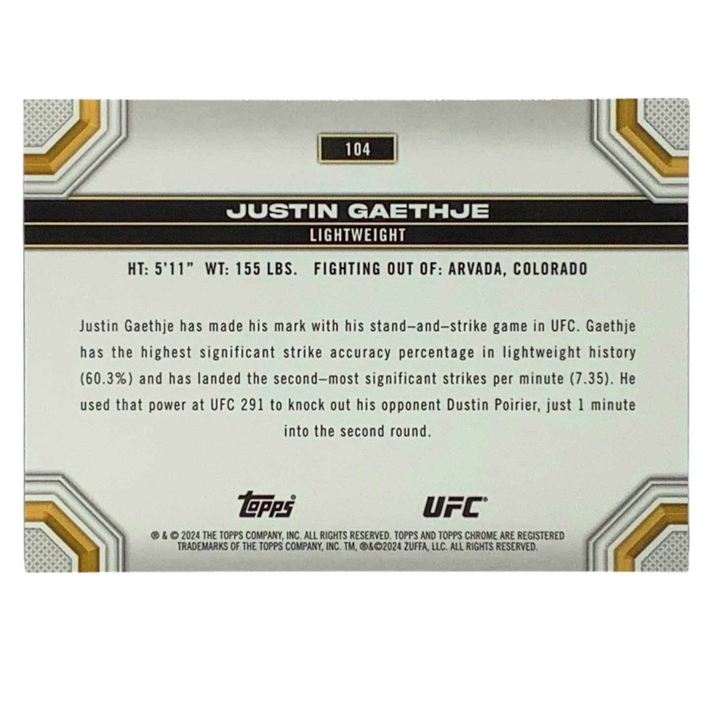 Justin Gaethju, UFC Lightweight, Card 104, 2024 Topps Chrome UFC, NM+