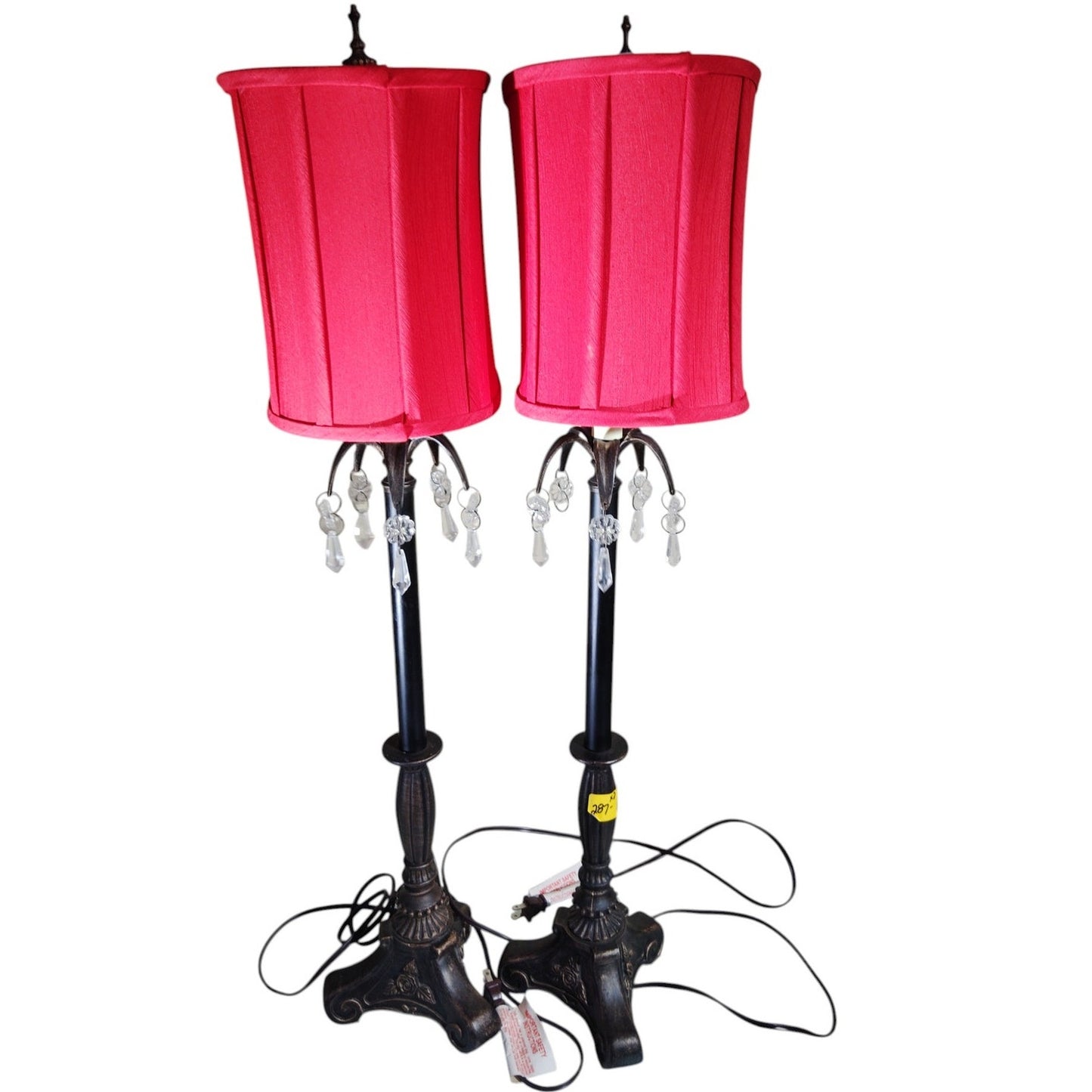 Vintage Lamps – Red Oval Shades, Acrylic Teardrops, Ornate Base, 34-3/4"H, EUC