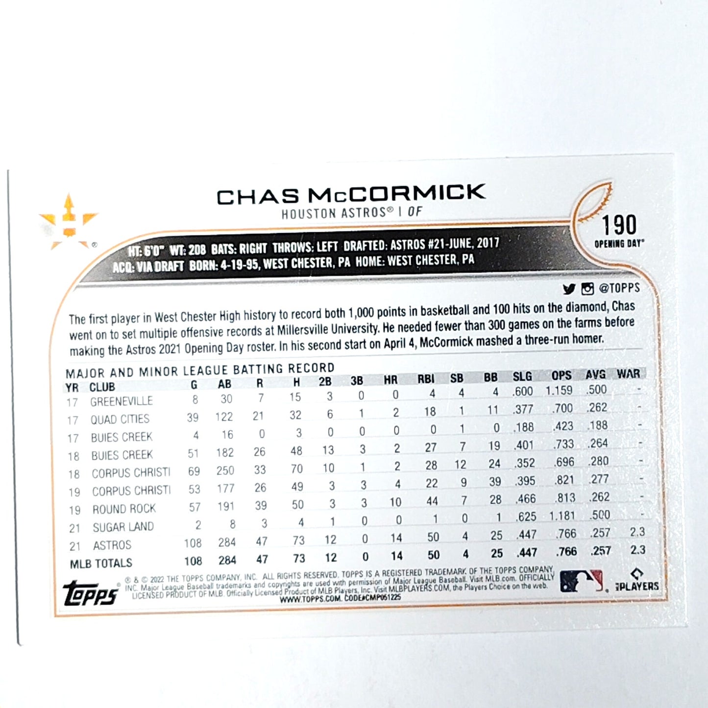 2022 Topps Opening Day #190 RC Chas McCormick Houston Astros Outfielder - VG/EX