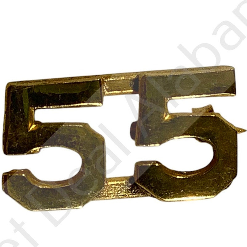 c.1910s Numeric "55", Brass Military C-Clasp Hat / Lapel / Collar Pins Set 3/8"H