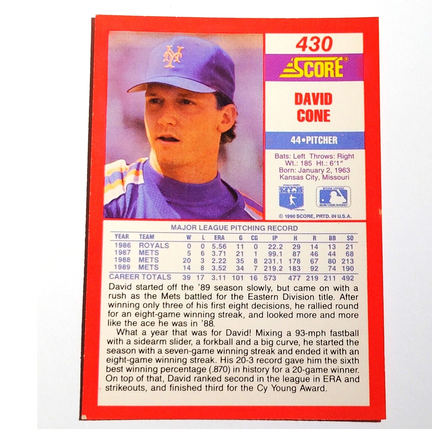 1990 Score David Cone #430 New York Mets Pitcher MLB Baseball EX