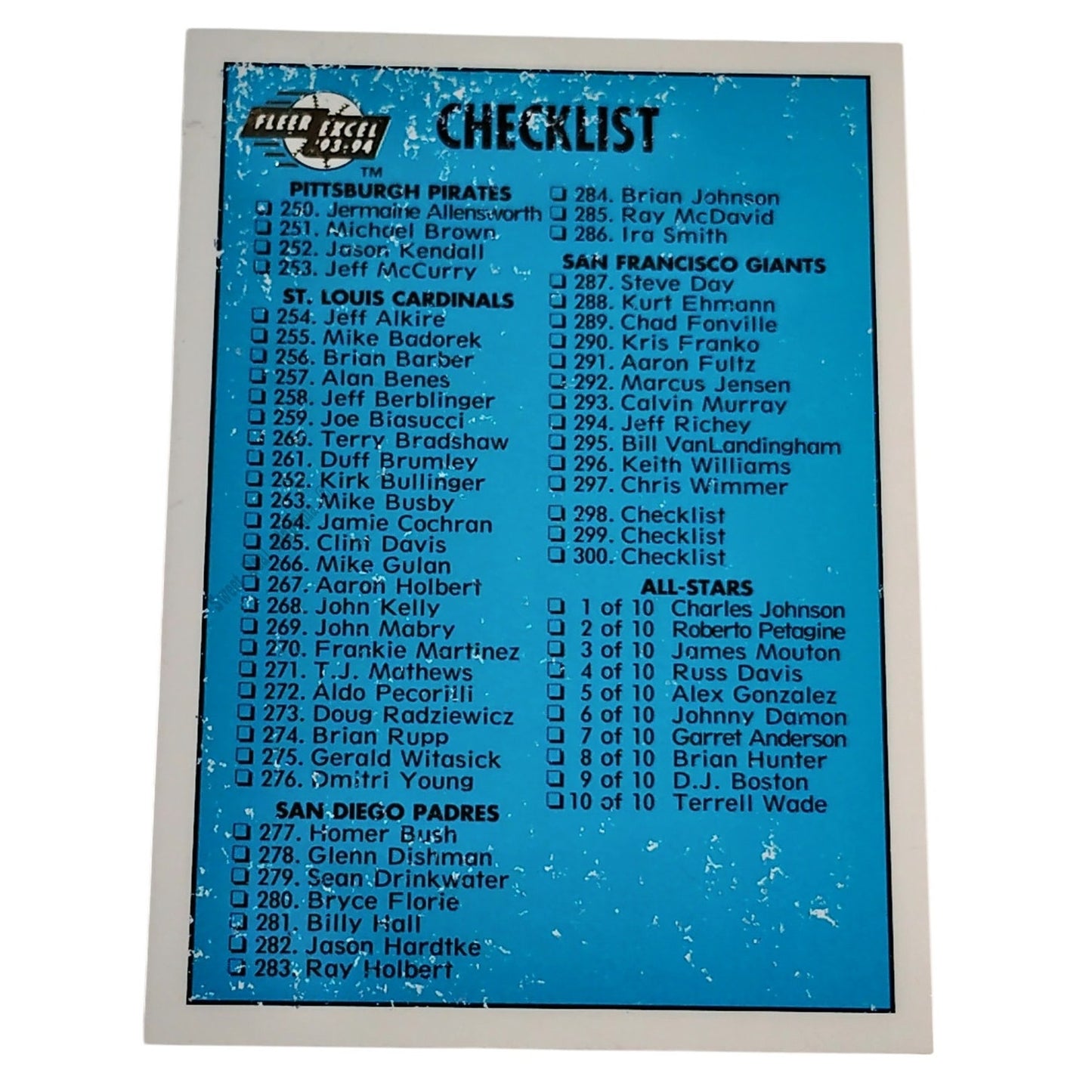 Checklist 250-300, 1-10 All-Stars, Phenoms & Leaders, #300, 93-94 Fleer Excel