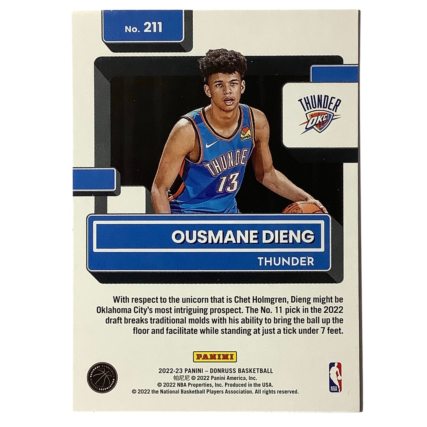 Ousmane Dieng (Rated Rookie), OKC Thunder, Card #211, 2022-23 NBA Panini-Donruss