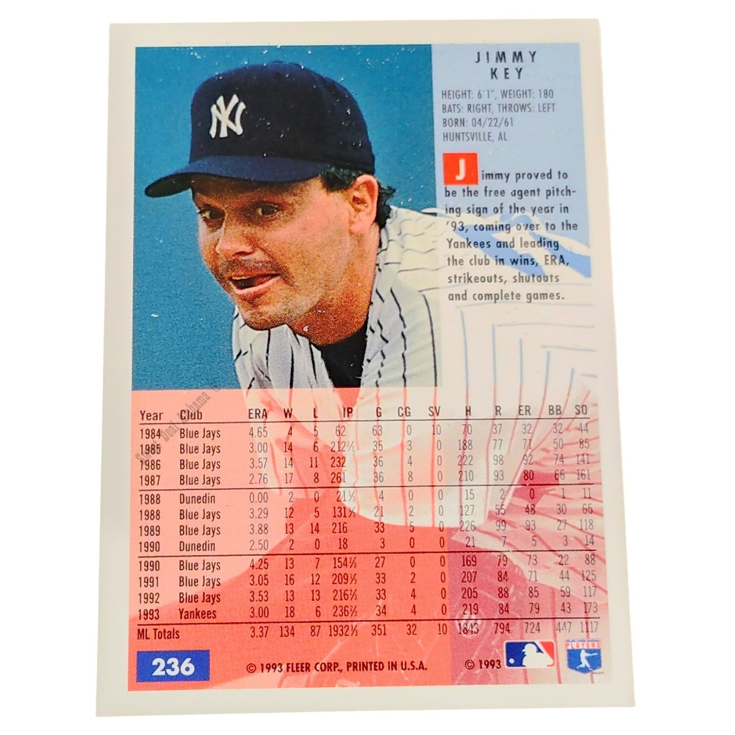 Jimmy Ray, New York Yankees, #236, 1994 Fleer Baseball Collector's Card