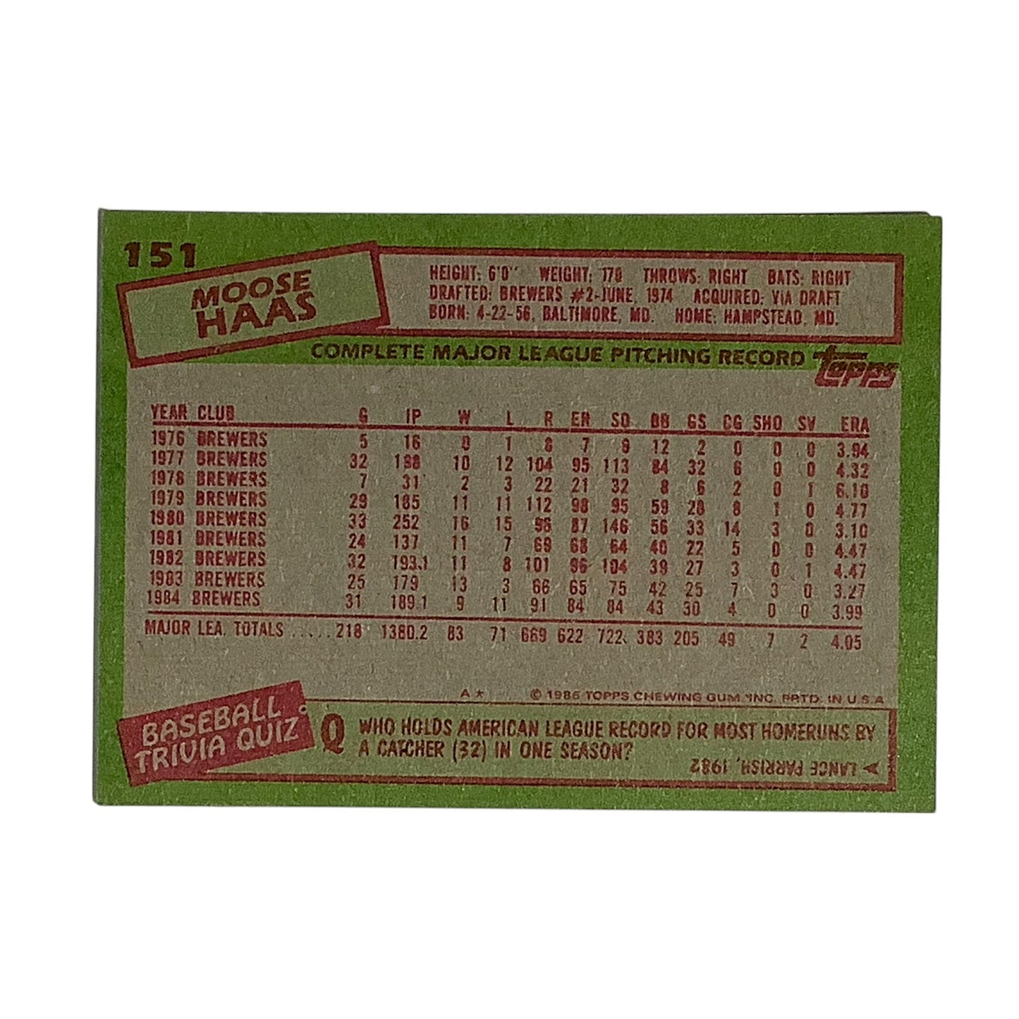 Moose Haas, Milwaukee Brewers, MLB, 1985 Topps Card 151, EX/NM