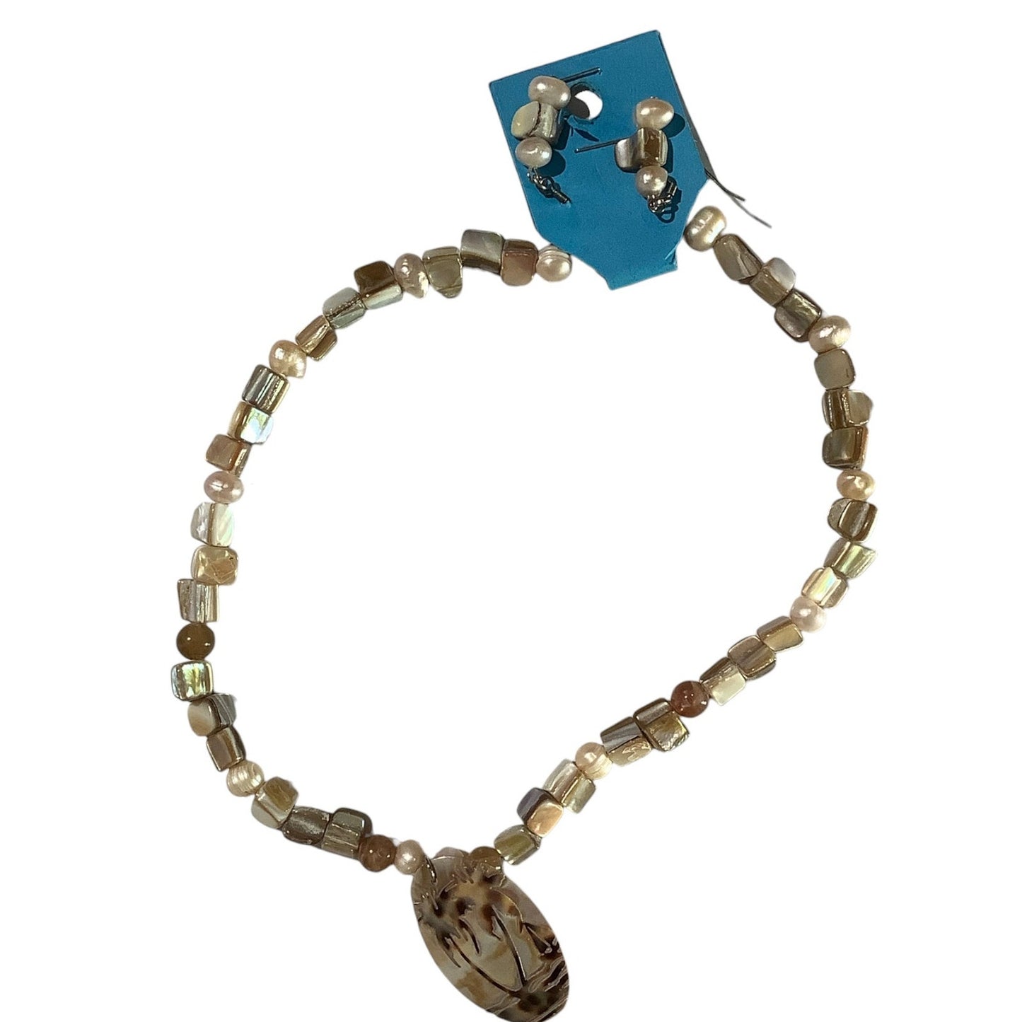 15.5" Necklace Stone and Faux Shell Painted with Palm Trees Pendant and Earrings