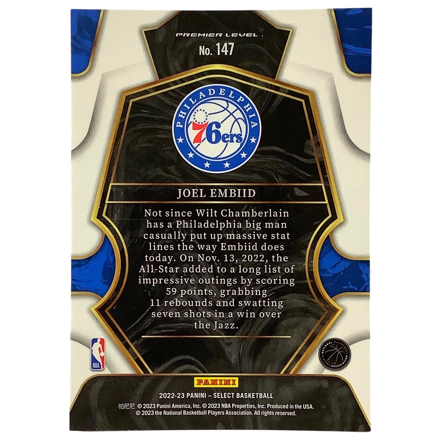 Joel Embiid Philadelphia 76ers Card #147 2022-23 NBA Panini Select Premier Level