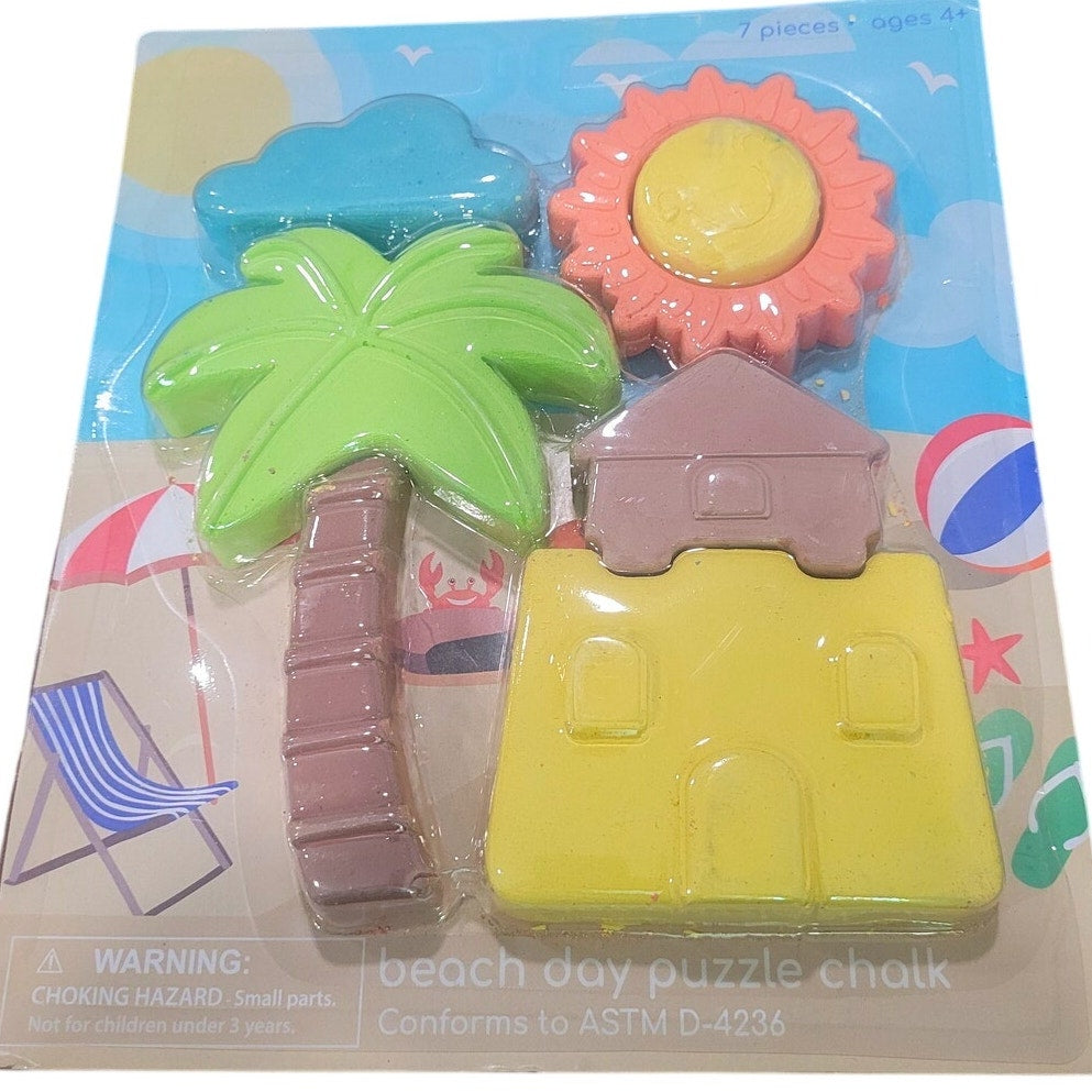 Kids Beach Day 7-Piece Puzzle Chalk Set – Palm Tree, Sun, Cloud & Sandcastle