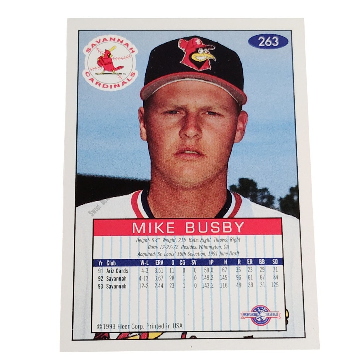 Mike Busby, Savannah Cardinals, #263, 93-94 Fleer Excel Minor Leagues