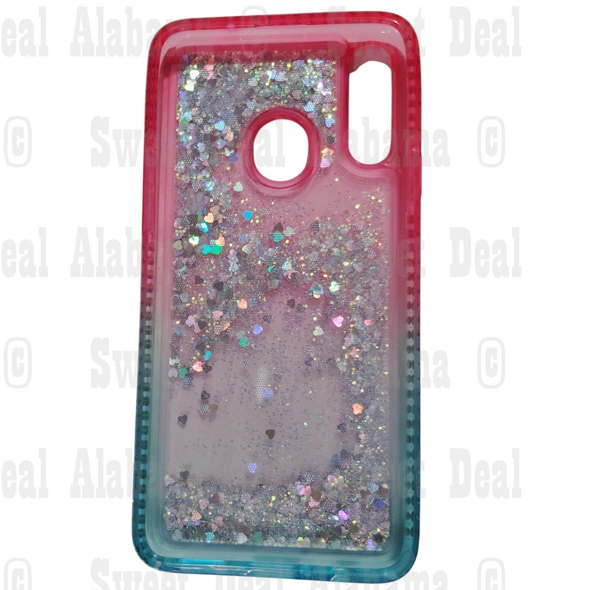 Cellphone Case For Samsung Galaxy A20s, Pink/Aqua w/ Glitter/Hearts Quicksand