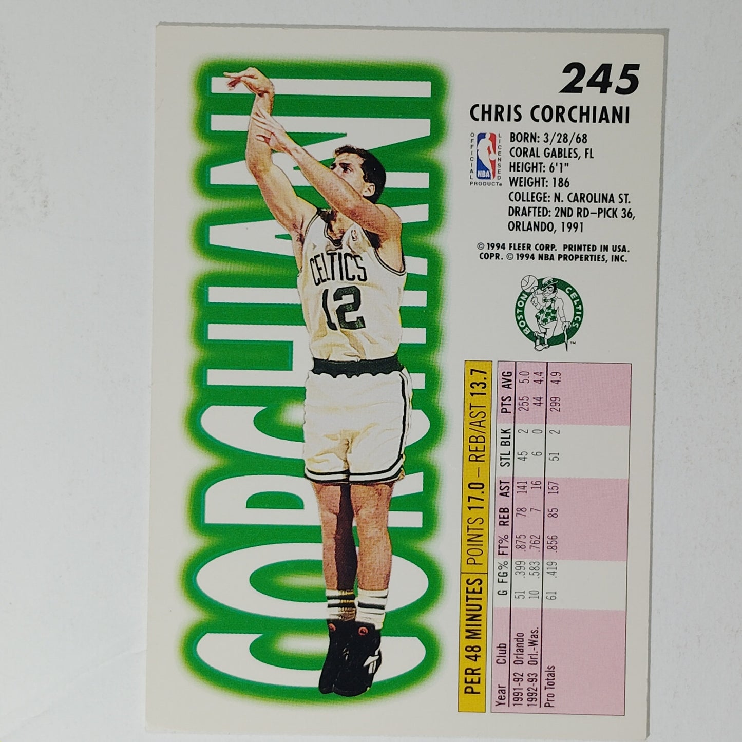 1993–94 Fleer Chris Corchiani #245 – Boston Celtics – Guard – VG/EX