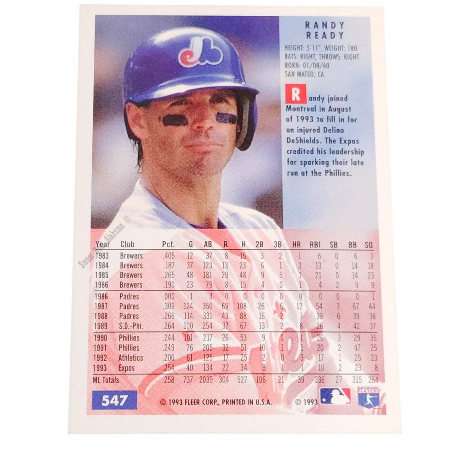 Randy Ready, Montreal Expos, #547, 1994 Fleer Baseball Collector's Card