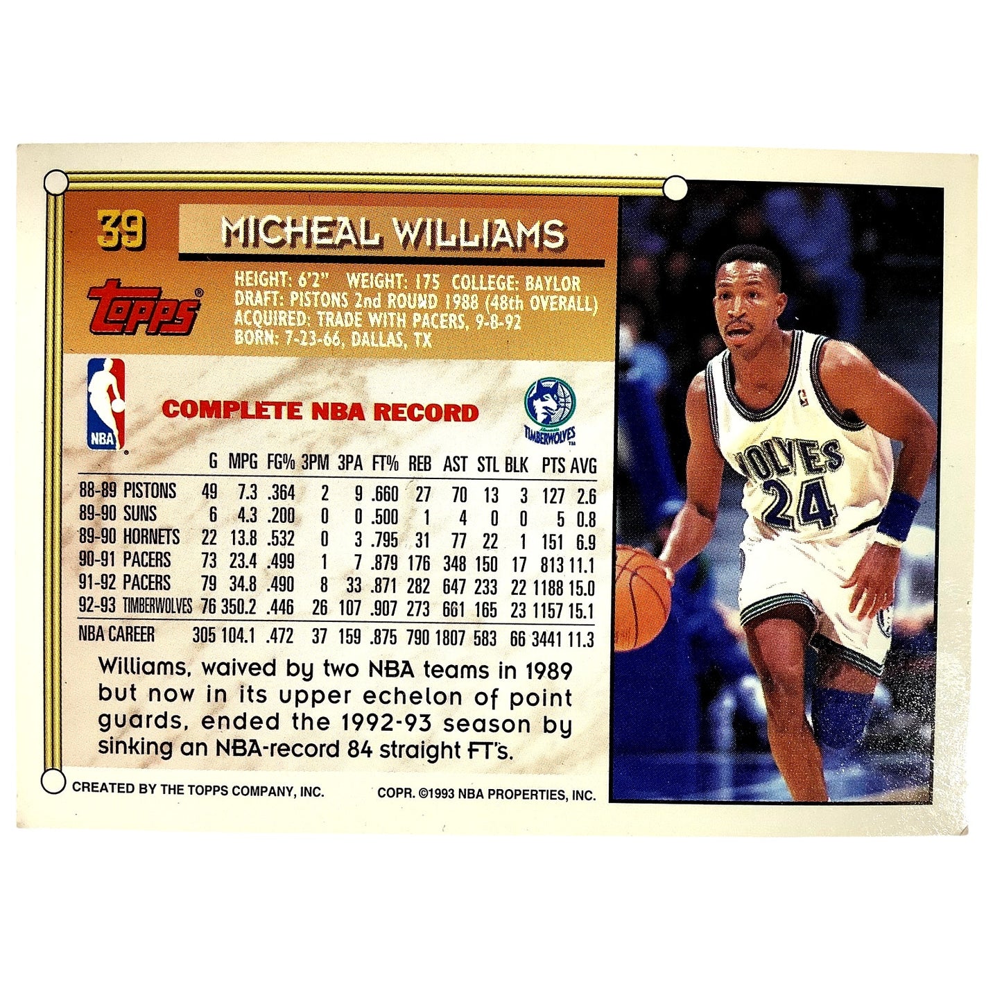 Michael Williams, Minnesota Timberwolves, 1993 Topps Collector's Card 39, EXC