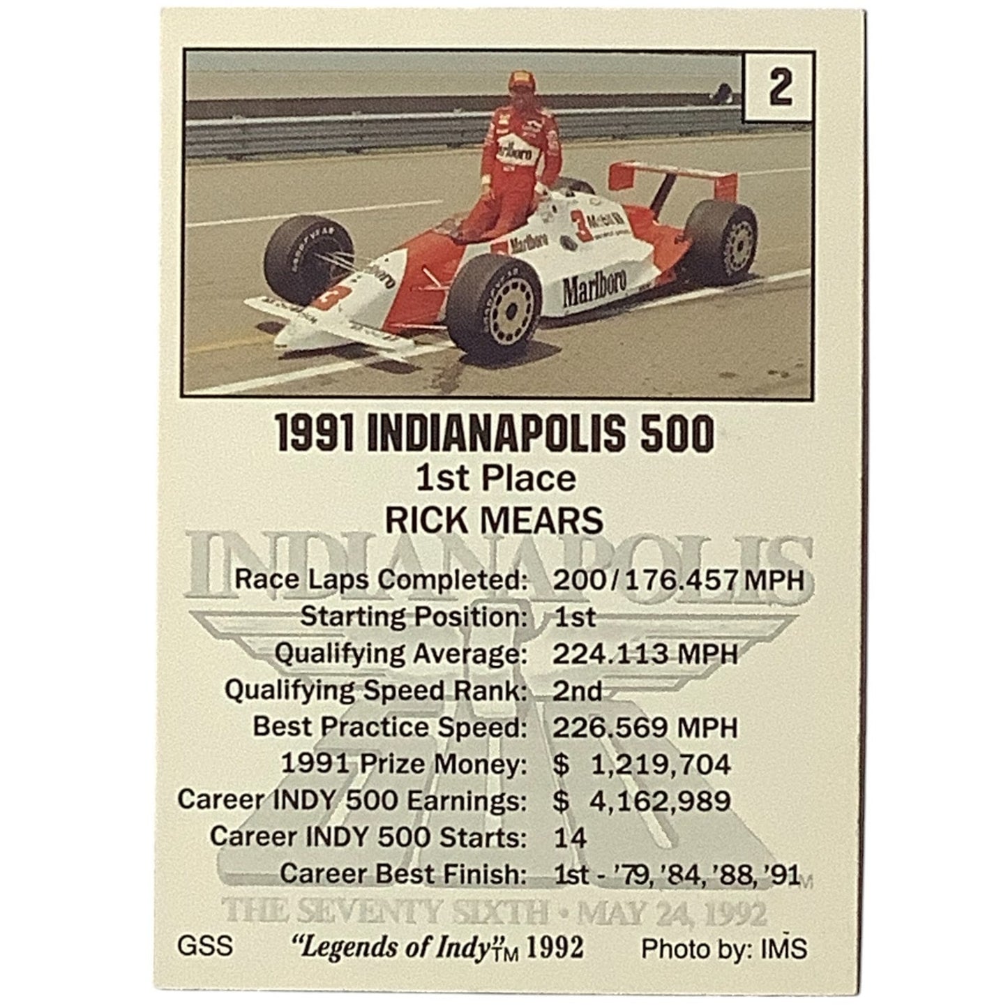 Rick Mears 1st Place Indy Finish, 1991 Action, 1992 Legends of Indy, Card 2 NM+