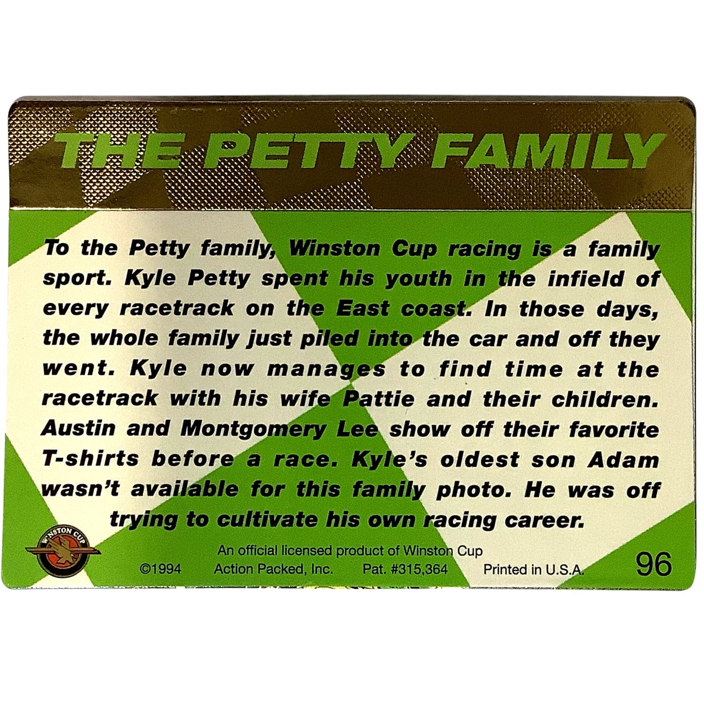 Kyle Petty Family Embossed Photo Card, NASCAR Card #96, 1994 Action Packed NM