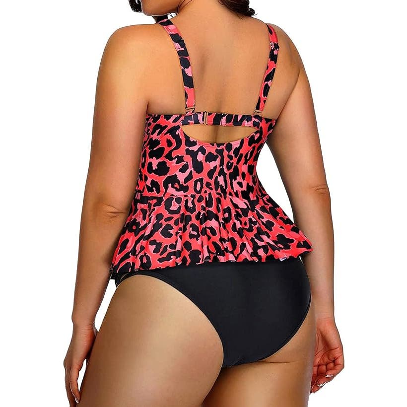Two Piece Bathing Suit Peplum Tankini Tops High Waisted, Red Leopard, 22 Plus