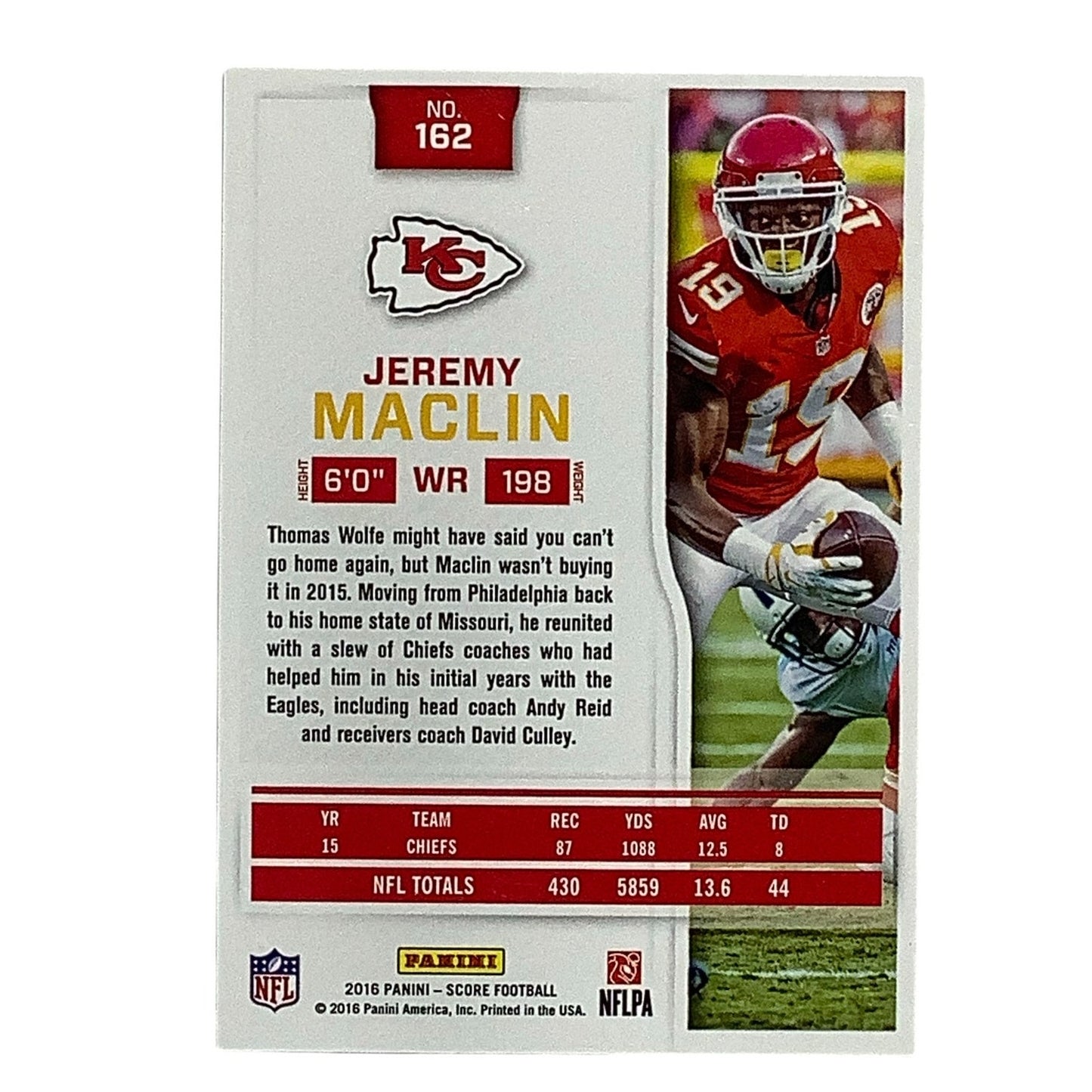 Jeremy Maclin, Kansas City Chiefs, NFL, Panini Score 2016, Card 162, EX/NM