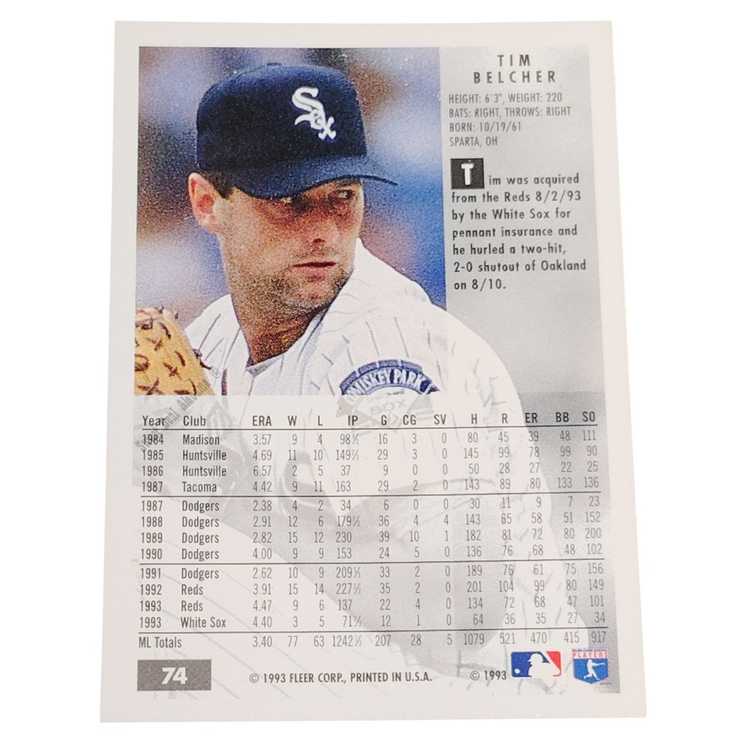 Tim Belcher, Chicago White Sox #74, 1994 Fleer Baseball Collector's Card