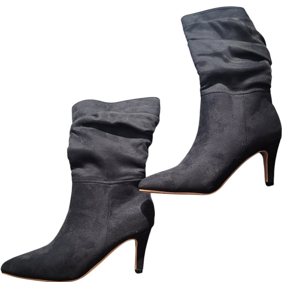 Mid Calf Boots Pleated Suede Stiletto Pointed Toe Slouchy Slip On Ankle Boots