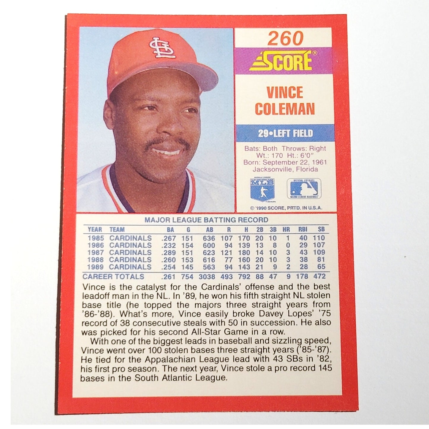 1990 Score Vince Coleman #260 St. Louis Cardinals Left Fielder All Star EX