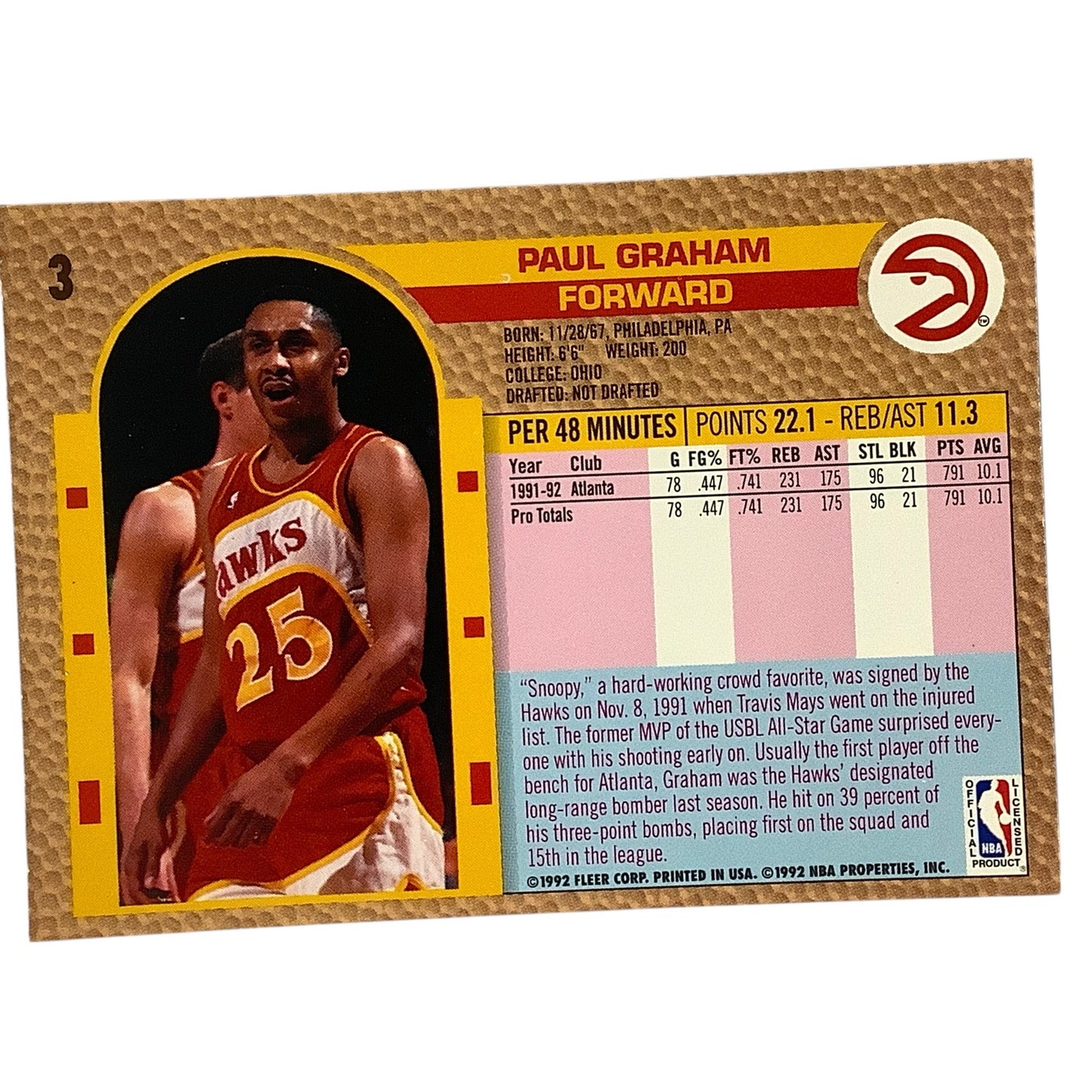 Paul Graham (F), Card #3, Atlanta Hawks, 1992-93 Fleer NBA