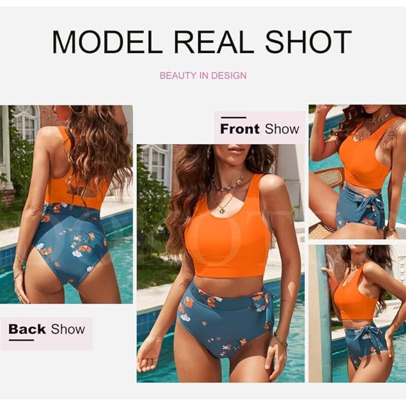 Dokotoo 2-PC Racerback Tummy Control High Waisted Tie Knot Long Lined Bikini M