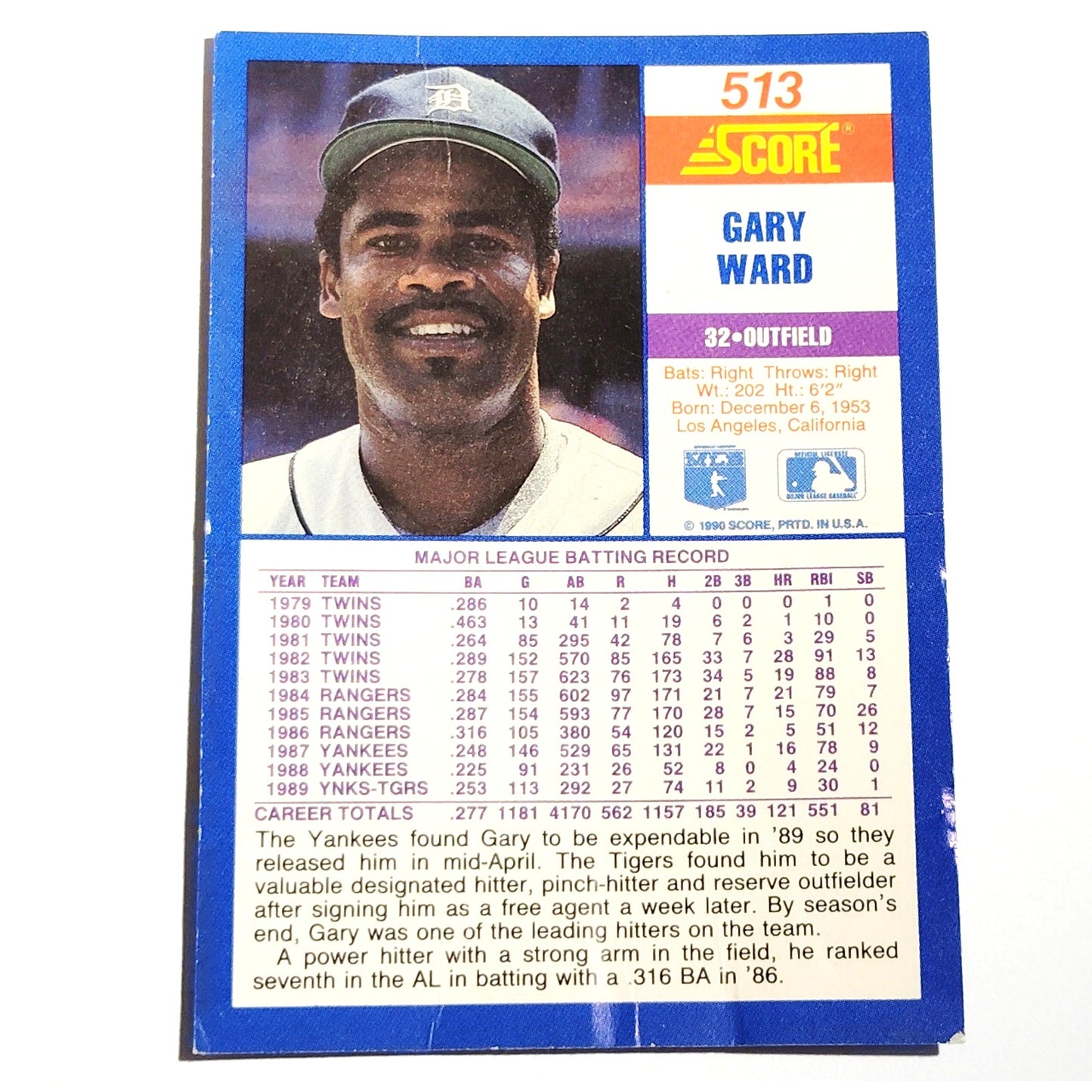 1990 Score Gary Ward #513 Detroit Tigers Outfielder MLB Baseball EX