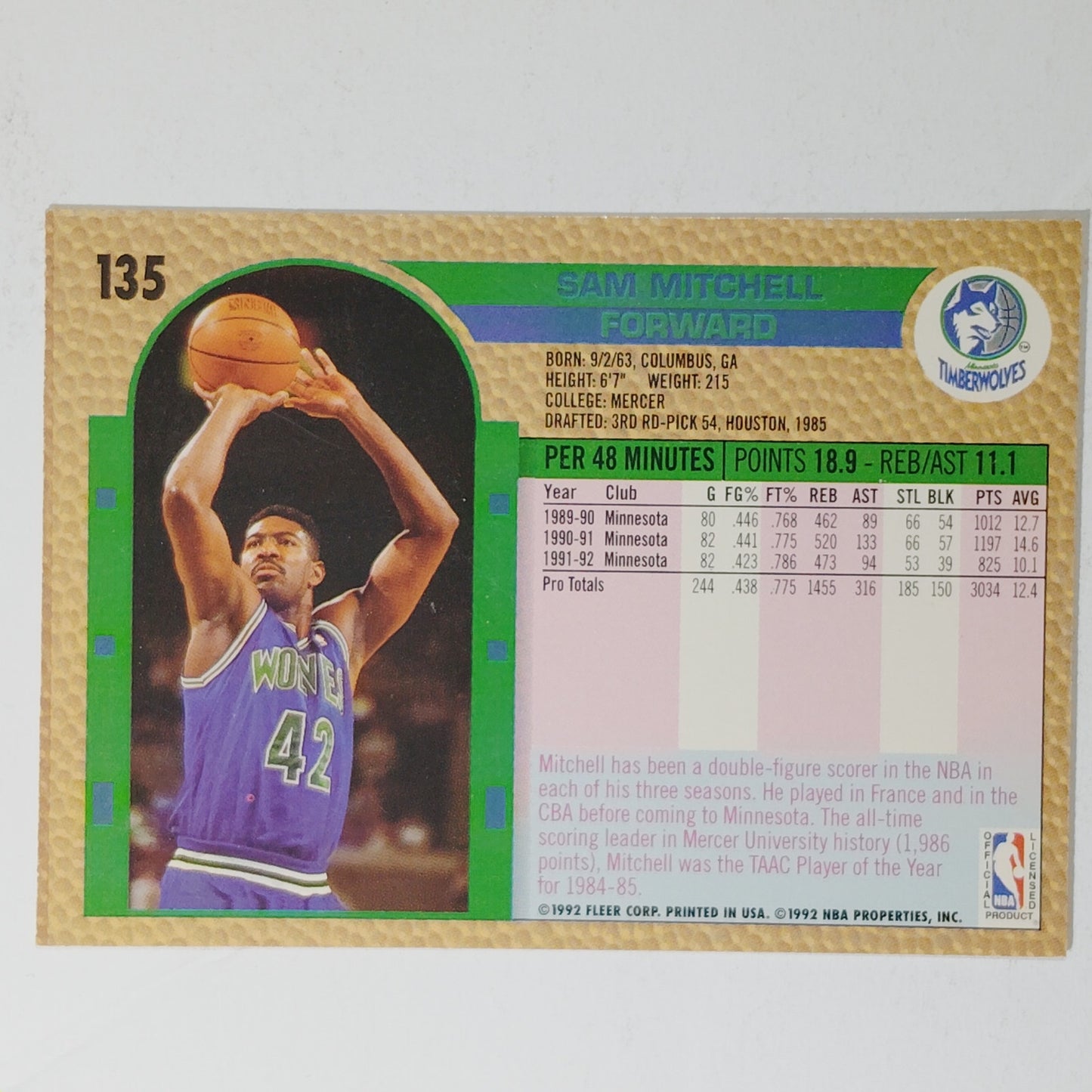 1992–93 Fleer Sam Mitchell #135 – Minnesota Timberwolves – Forward – VG/EX