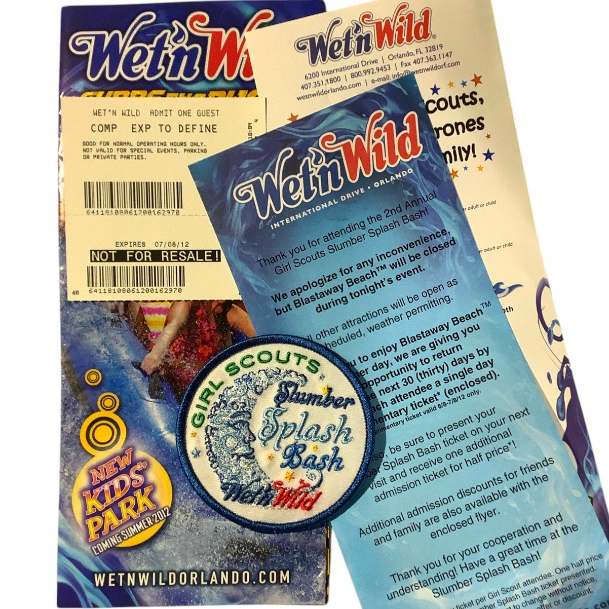 2012 Memorabilia & Patch from Wet'n Wild Girl Scouts Slumber Splash Bash