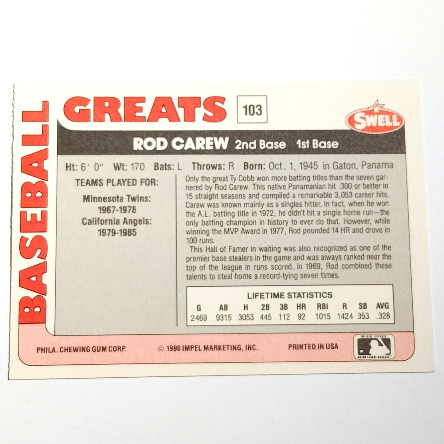 1991 Swell Baseball Greats Rod Carew #103 Minnesota Twins 2B 1B Baseball NM