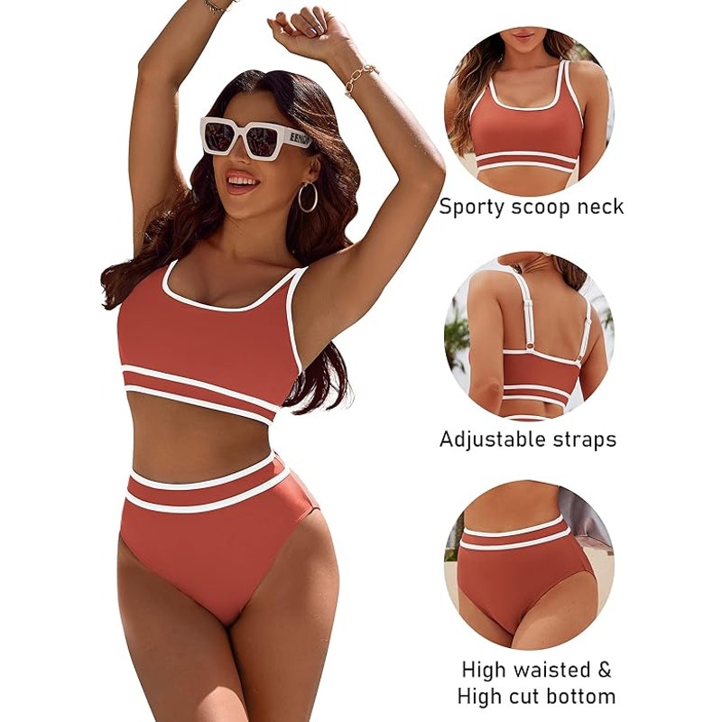 BMJL High Waisted Bikini Set Sporty Two Piece Cheeky High Cut Suit, Rust Red, M