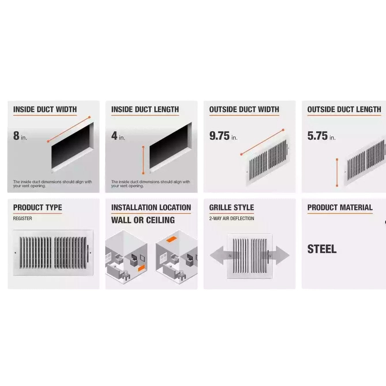 Lot of 2: 8 in. x 4 in. 2-Way Steel Wall/Ceiling Register in White
