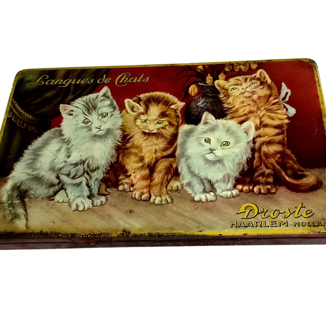 1965 Droste Chocolate Confectionery Tin 7W x 4D x 3-4H, Langues de Chats Kittens