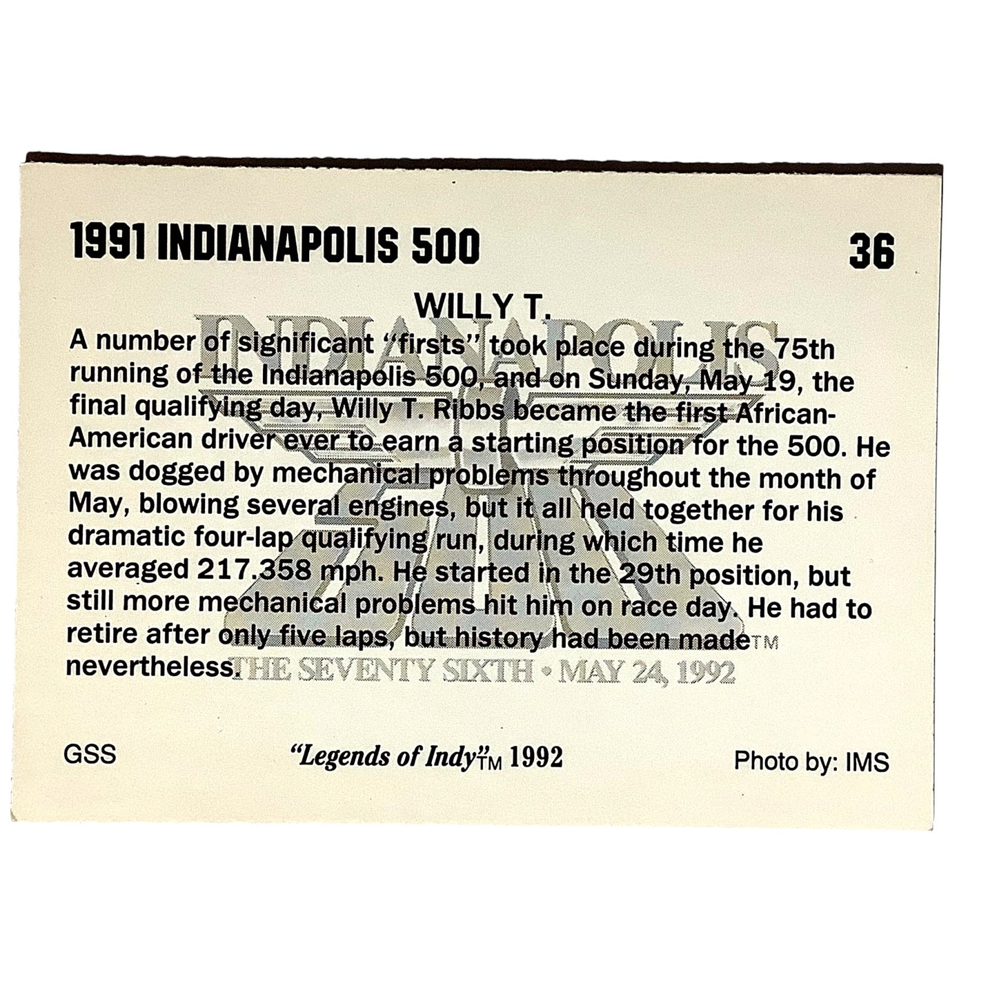 Willy T - First African American in the Indy 500, 1992 Legends of Indy, Card #36