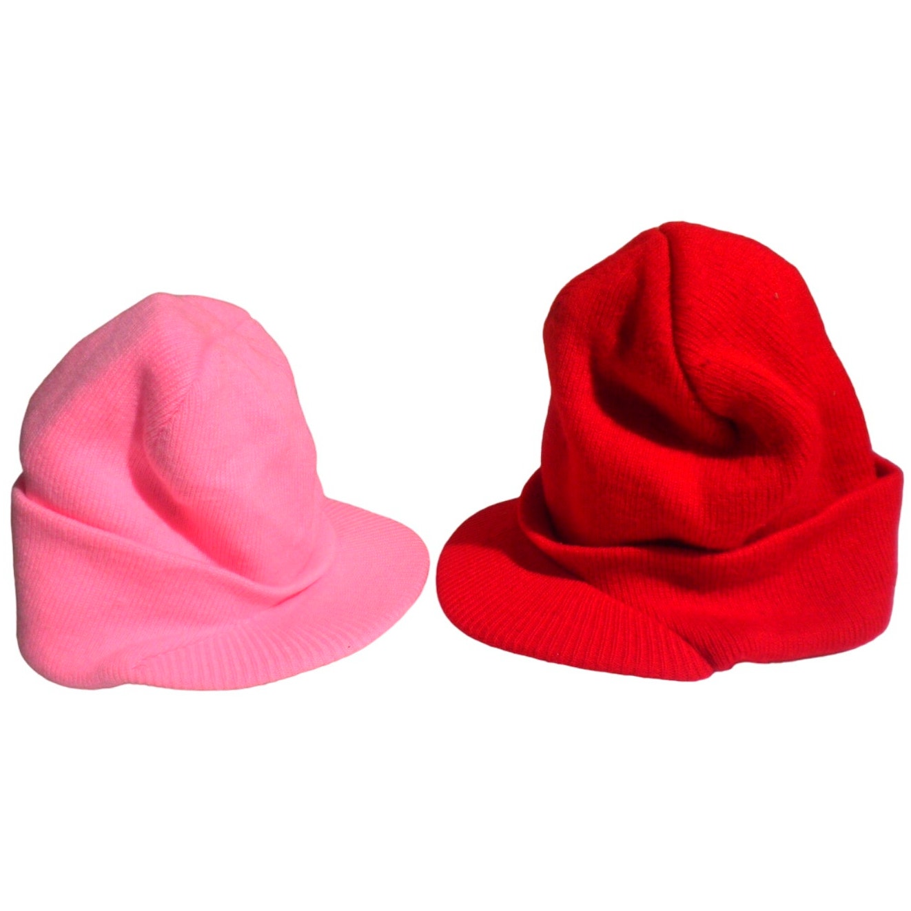 2 Cuff Beanie Visor Derby Caps, 1 Red & 1 Pink, 100% Acrylic, Cuff Style Caps