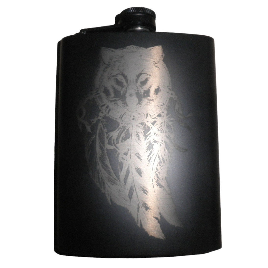 Stainless Steel Hip 8 oz. Flask, Etched Wolf Dreamcatcher, Easy Carry and Use