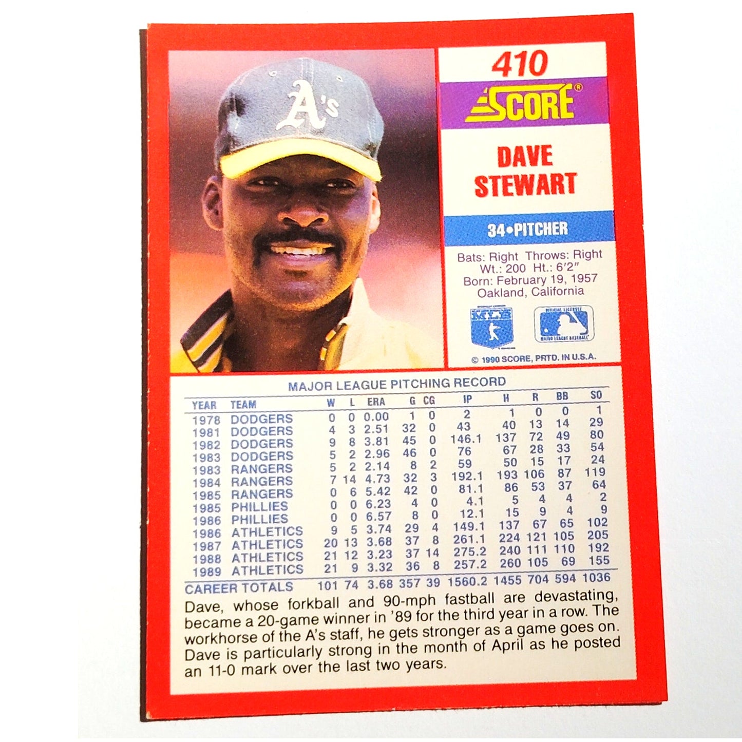 1990 Score Dave Stewart #410 Oakland Athletics Pitcher MLB Baseball EX
