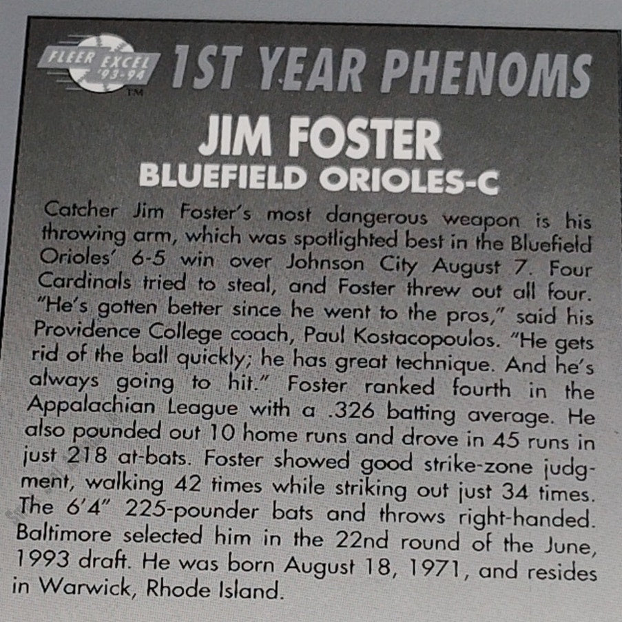 Jim Foster, Bluefield Orioles, Card 1 of 10, 1st Year Phenoms, 93-94 Fleer Excel