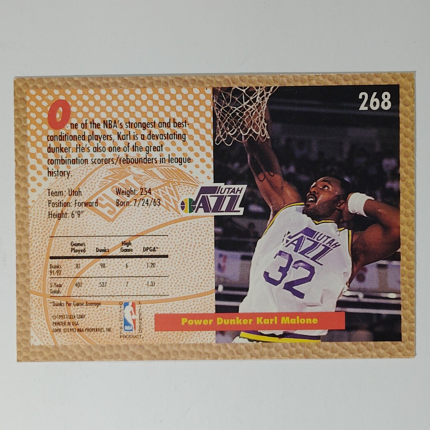 1992-93 Fleer Karl Malone #268 Utah Jazz Slam Dunk Hall of Fame NBA Player