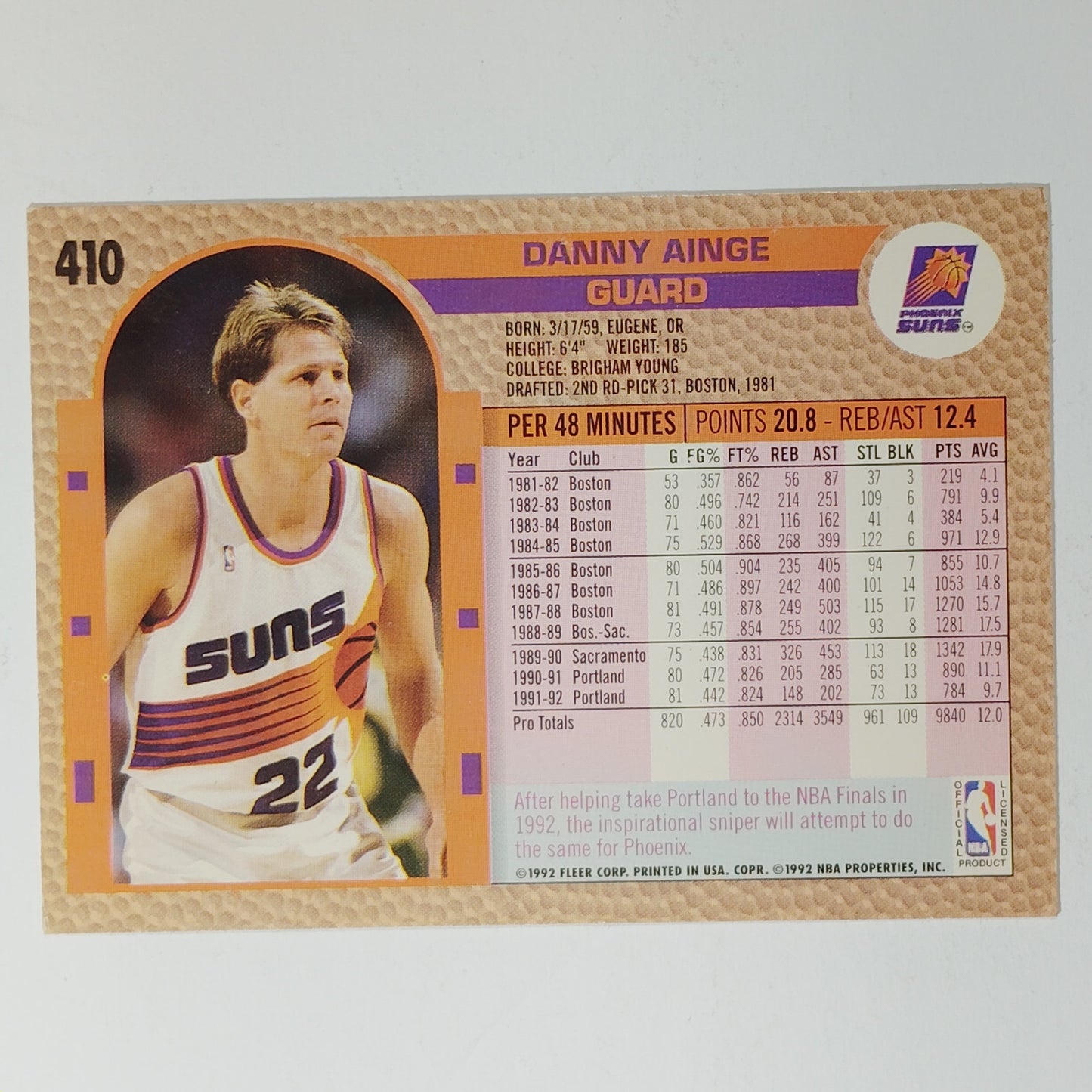 1992–93 Fleer Danny Ainge #410 – Phoenix Suns – Guard – NBA Card