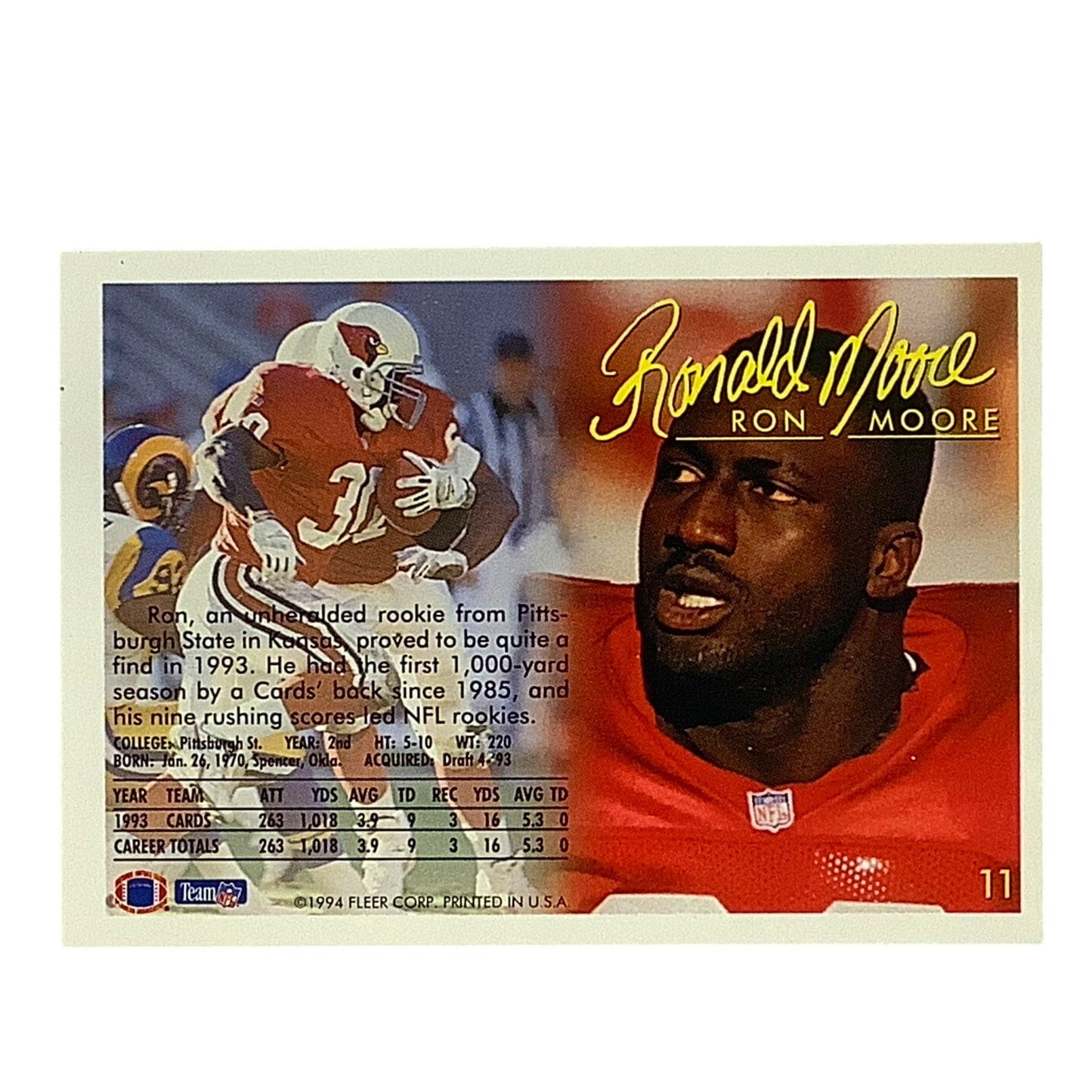 Ronald "Ron" Moore, Arizona Cardinals, NFL Fleer 1994 Card 11, EX/NM