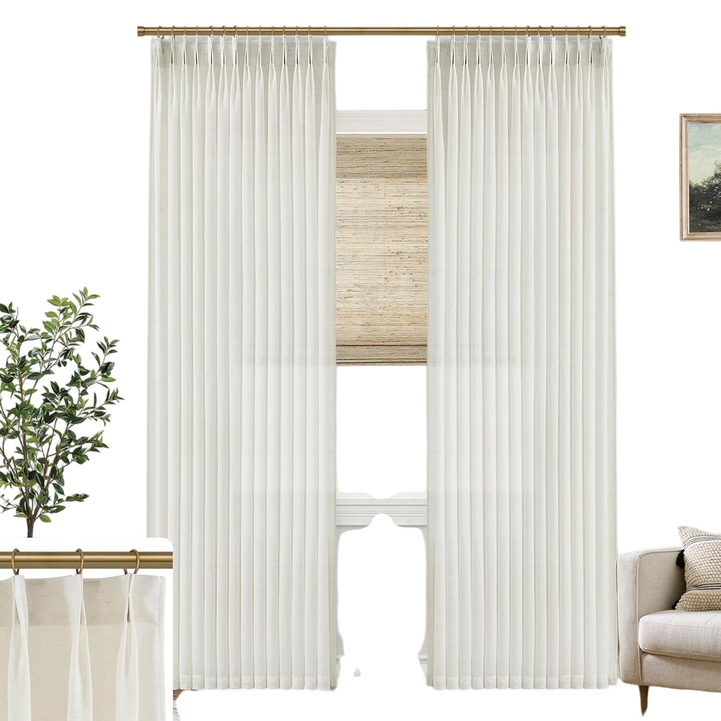 Off White/Cream Pinch Pleated Sheer 2 Panels 40"Wx90"L, Linen Cotton Blend