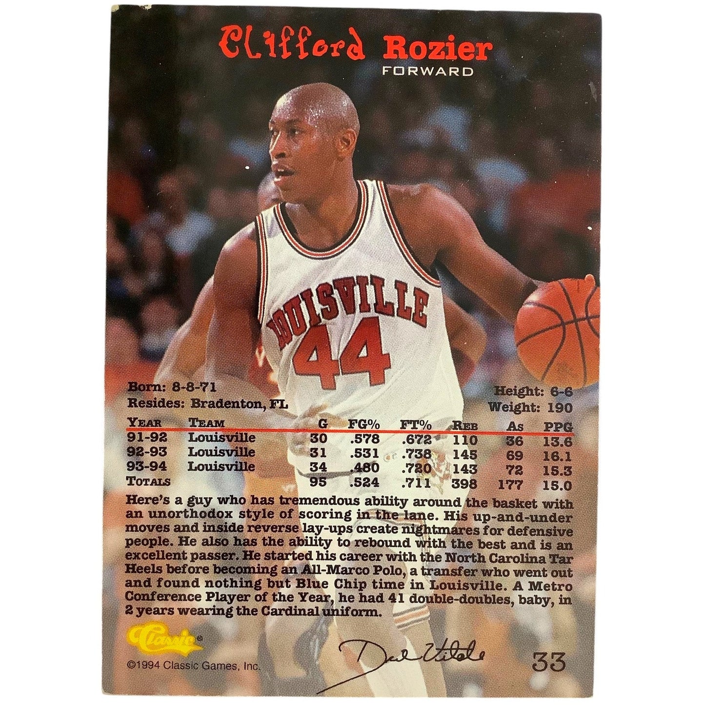 Clifford Rozier, Univ. Louisville (F), Classics 1994 Draft Picks Card 33 EXC
