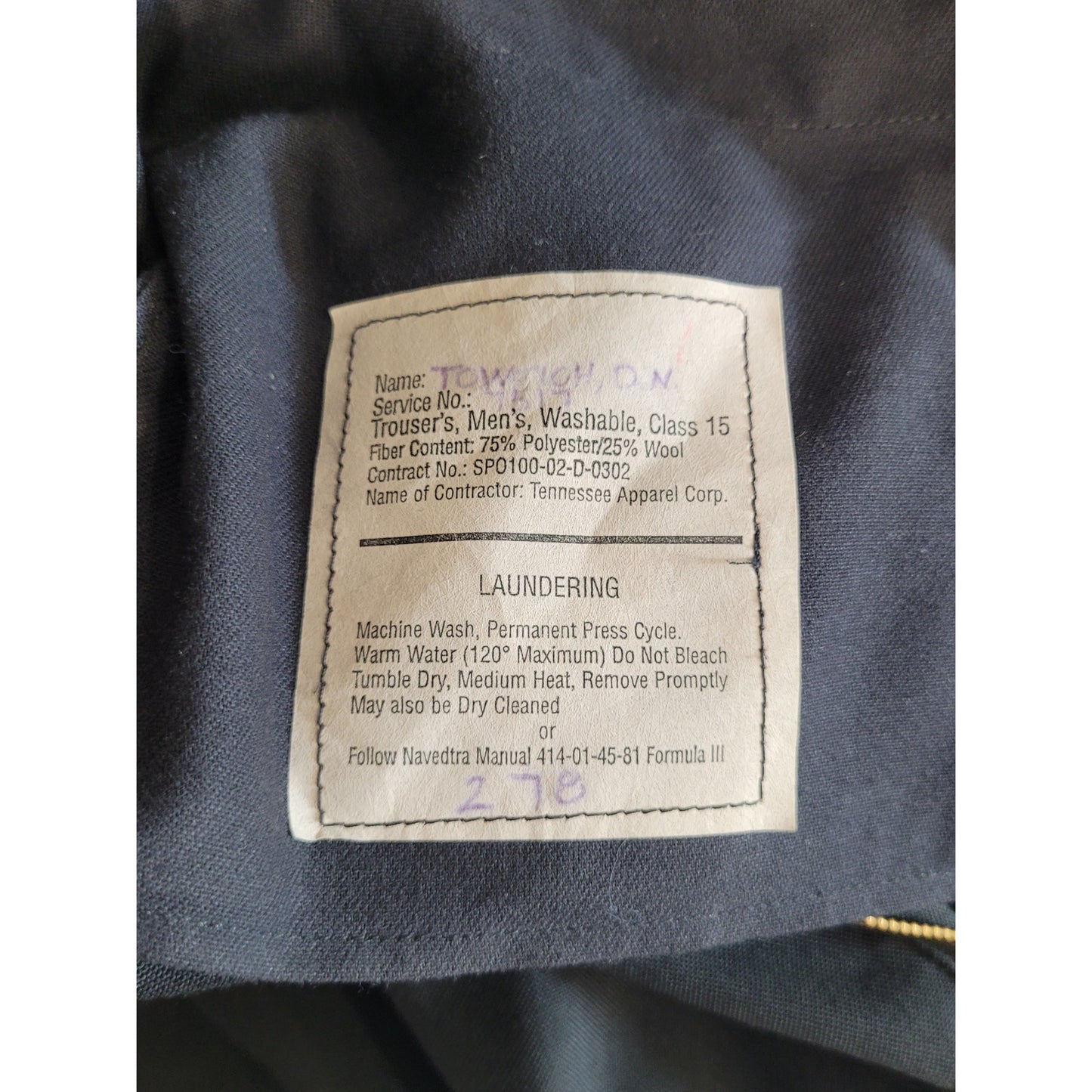 US Navy Dress Trousers - Size 31L - Blue 3346 - Poly/Wool Tropical MIL-T-41828H
